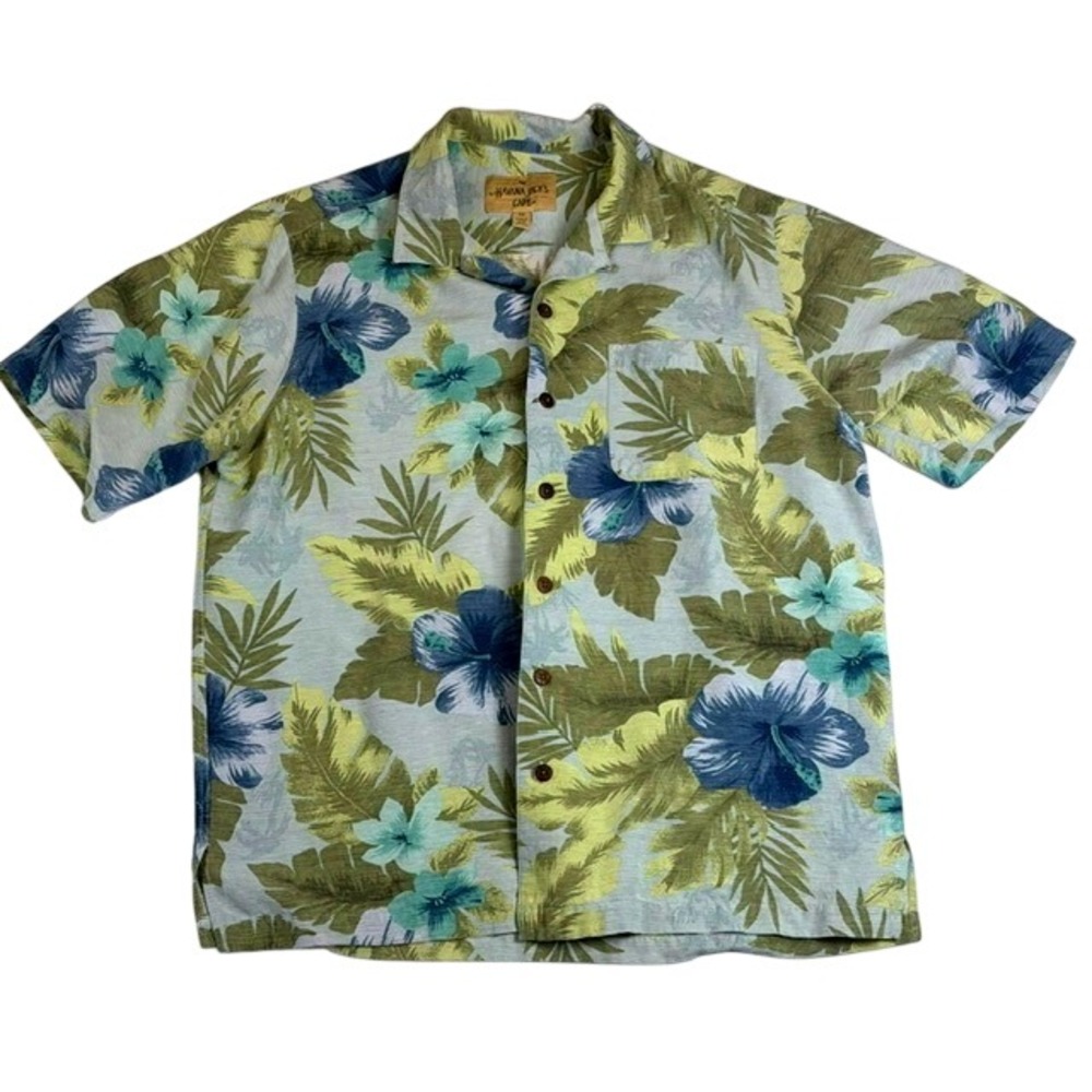 Havana Jacks Cafe Mens Medium Silk Tropical Hibiscus Palm Print Camp Shirt